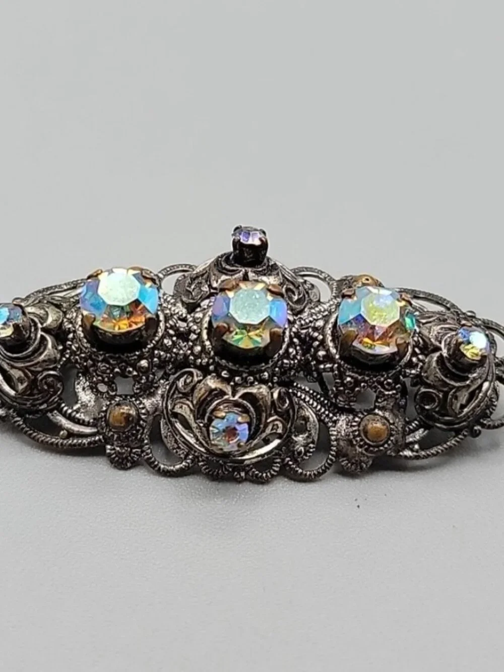 West Germany Silver Tone Filigree AB Brooch Pin Aurora Borealis Rhinestones